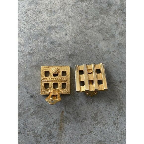 Vintage Lucien Piccard Earrings Stud Square Gold Tone Clip On Geometric 1” x 1” - Picture 1 of 9
